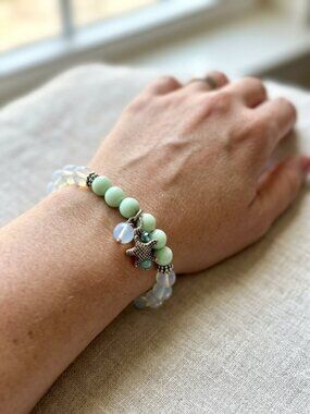 Starfish Charm Stretch Bracelet, Mint Green & Opalite Beads, Beachy Boho